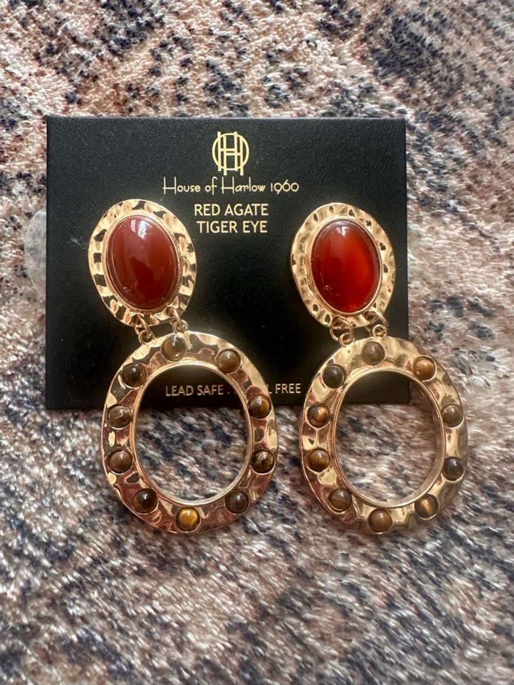 House of Harlow 1960 Gold-Tone Red Agate and Tiger Eye Hoop Drop Earrings